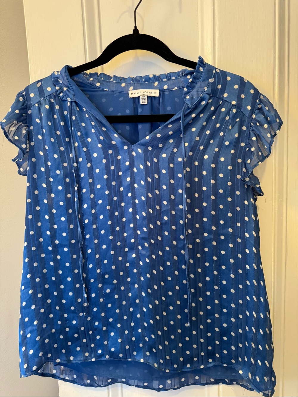 Maison d’Amelie Paris Blue Polka Dot V-Neck Ruffle Flutter Sleeve Blouse size M